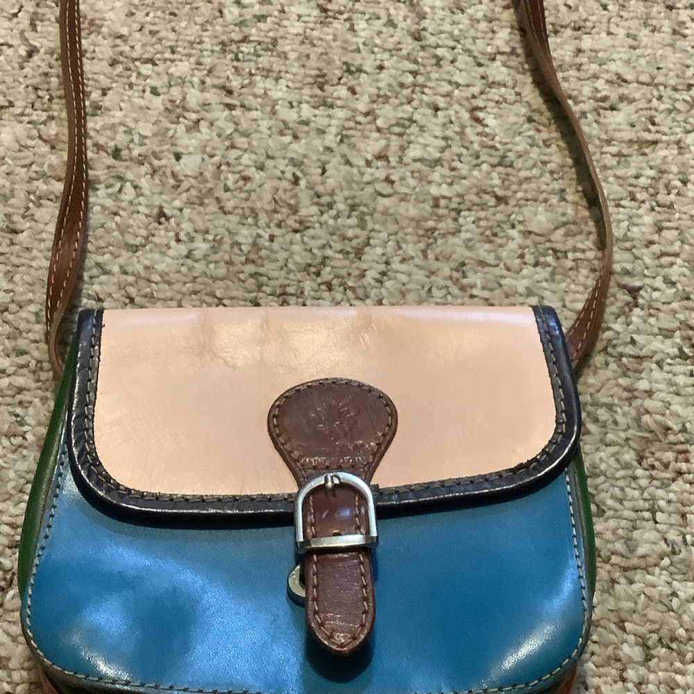 Multi Tone Leather Vera Pella Crossbody Bag in Teal, Tan & Brown, made in Italy‎